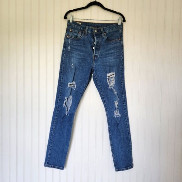 LEVI'S 501 Straight High Rise Button Fly Dark Wash Distressed Jeans size 28x30 - Picture 1 of 9